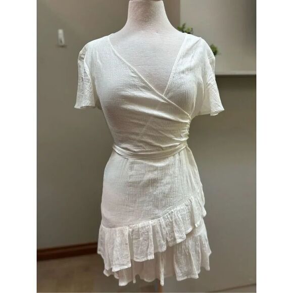 Princess Polly 8 cream gauze faux strap ruffle bottom mini dress w- back zip clo - Picture 2 of 7